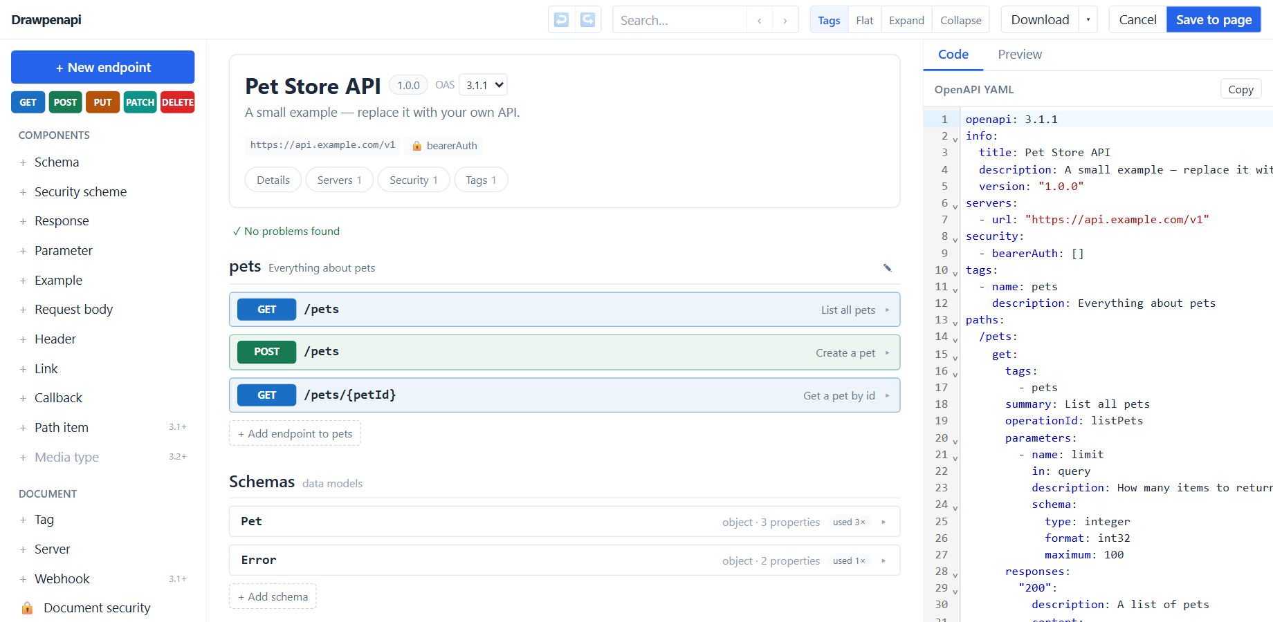 The Drawpenapi editor in Confluence: the Pet Store API with its operation rows and schemas in the middle, and its OpenAPI YAML in the code panel.
