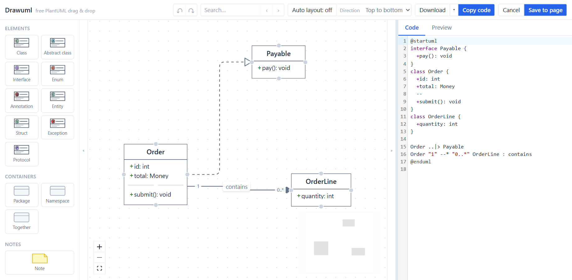 The Drawuml editor in Confluence: a palette of UML elements, a class diagram with an interface and an association on the canvas, and its PlantUML code in the code panel.